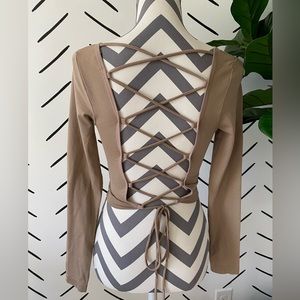 Fashion Nova Tan Crop Top Lace Tie Back Long Sleeve Shirt